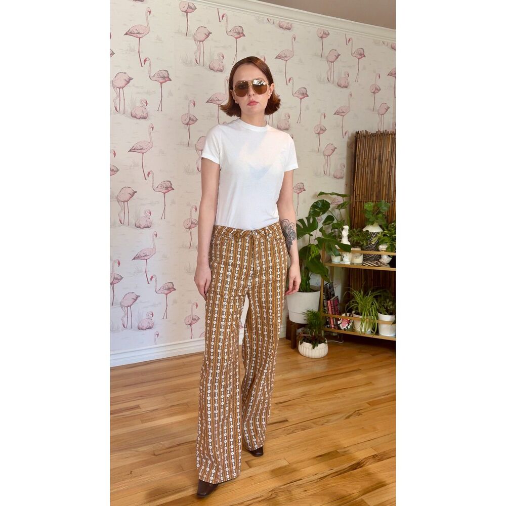 Vintage Daisy Print Yellow and Brown Wide Leg Floral Pant Size 8 - Picture 4 of 10